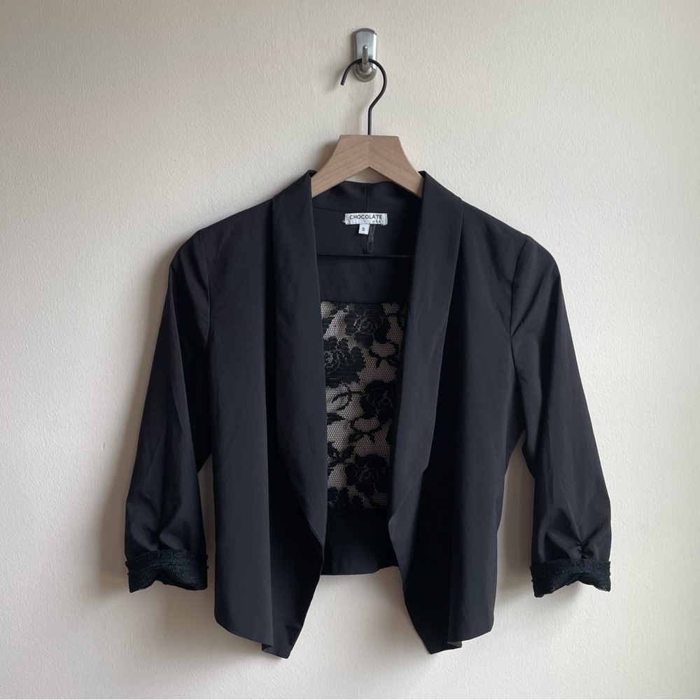 Chocolate USA Black Cropped Blazer with Lace Accents